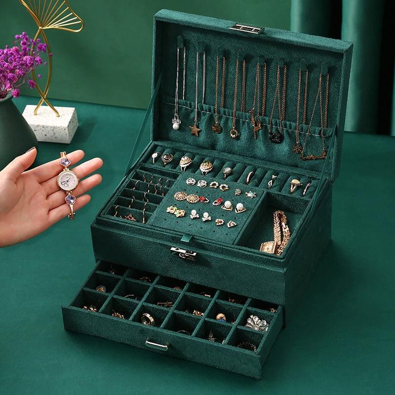 Jewellery Organizer Box with Lock Velvet 3-Layer Portable Travel Jewelry Box