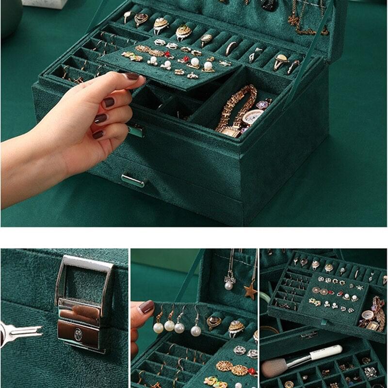 Jewellery Organizer Box with Lock Velvet 3-Layer Portable Travel Jewelry Box