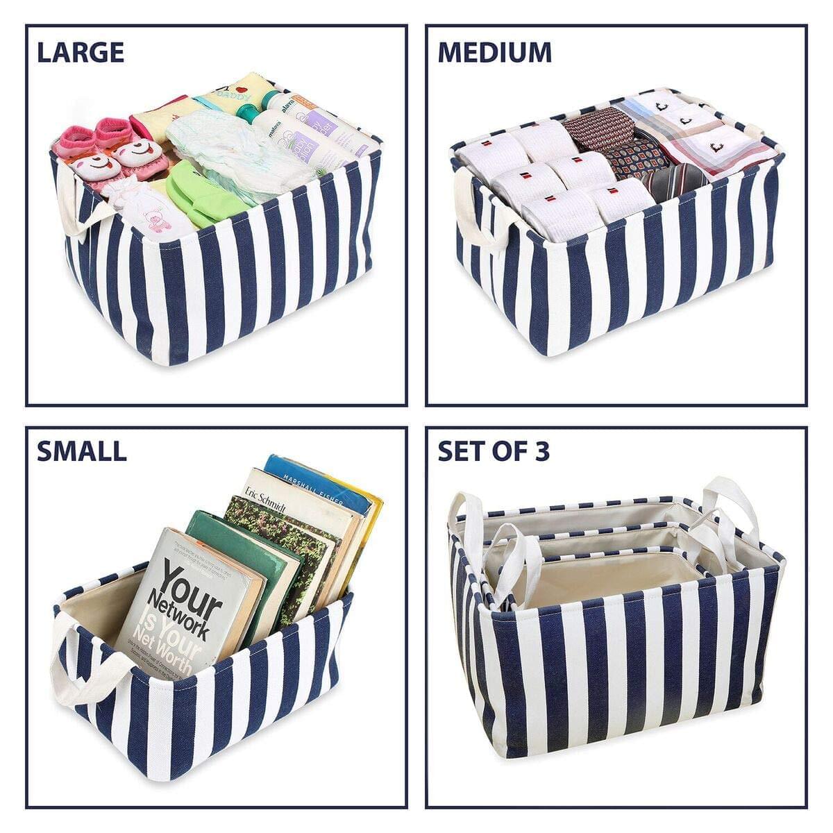 Greecart Cotton Storage Organizer Basket Bin for Clothes Foldable, Toys, Books and Wardrobe (Pack of 3)