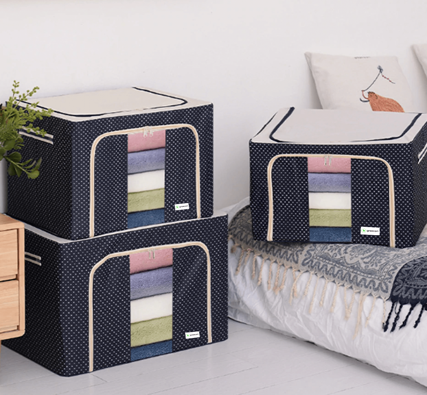 Greecart Oxford Fabric Storage Boxes For Clothes, Sarees, Bed Sheets, Blanket Etc